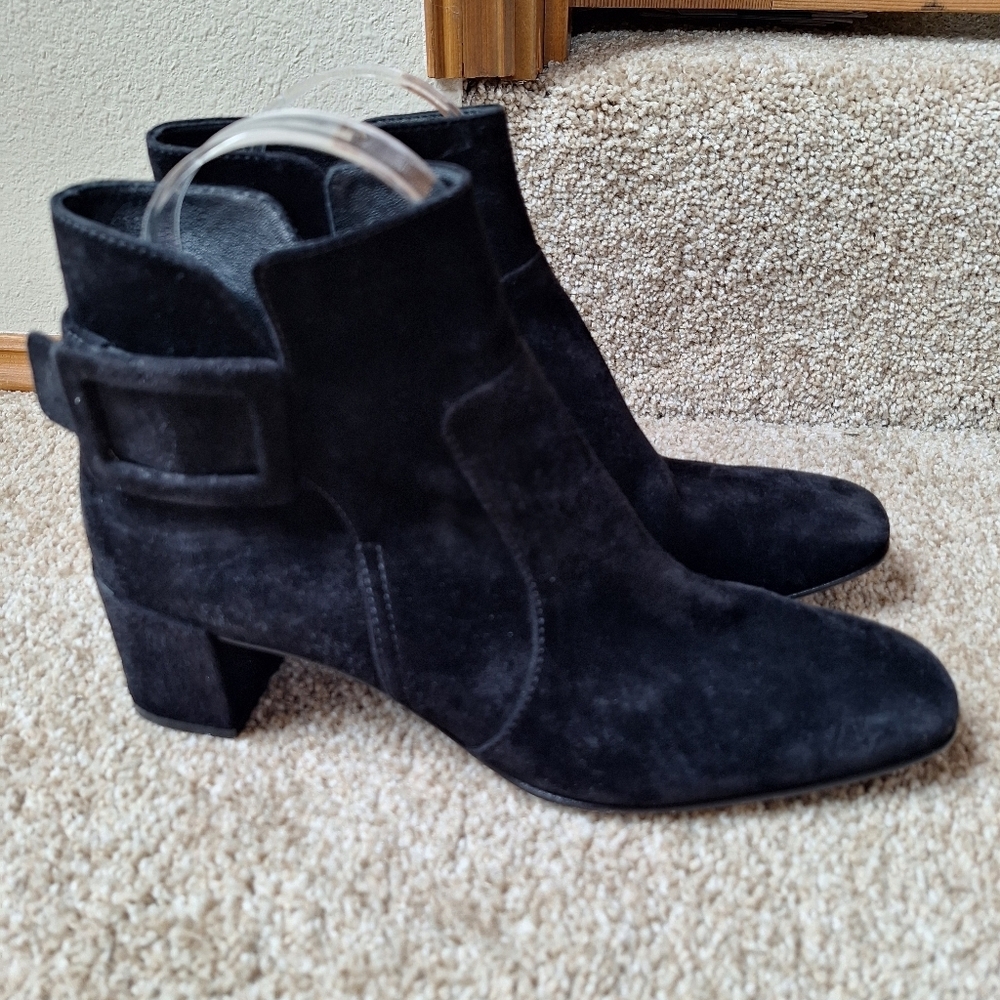 Roger Vivier black suede booties Square Toe Block Heel Buckle Womens Size 37.5 - Picture 3 of 9
